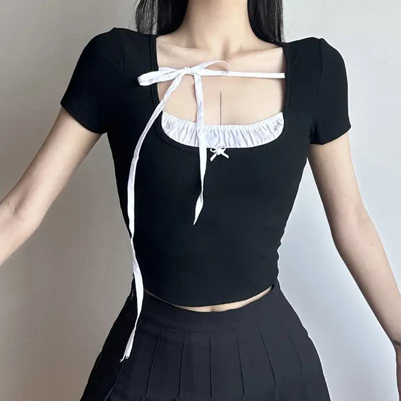 Crop Top Contrast Stitch Sweet Square Collar Style