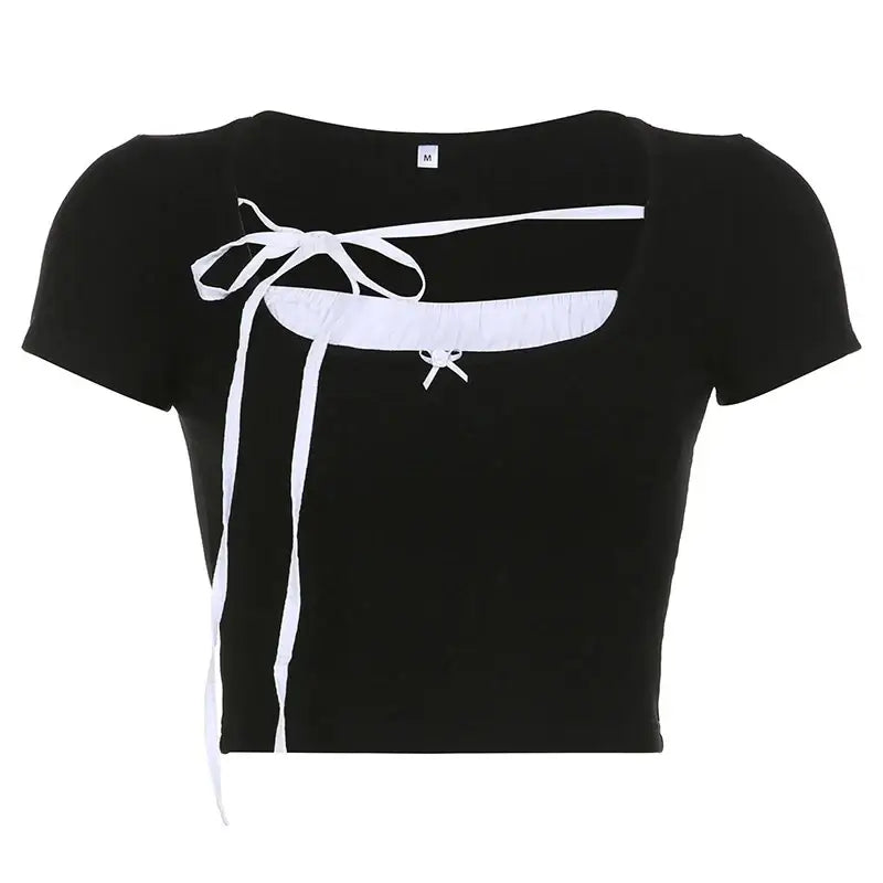 Crop Top Contrast Stitch Sweet Square Collar Style Black / S