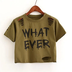 Crop Top Round Neck with Ripped Detail Army Green / One Size