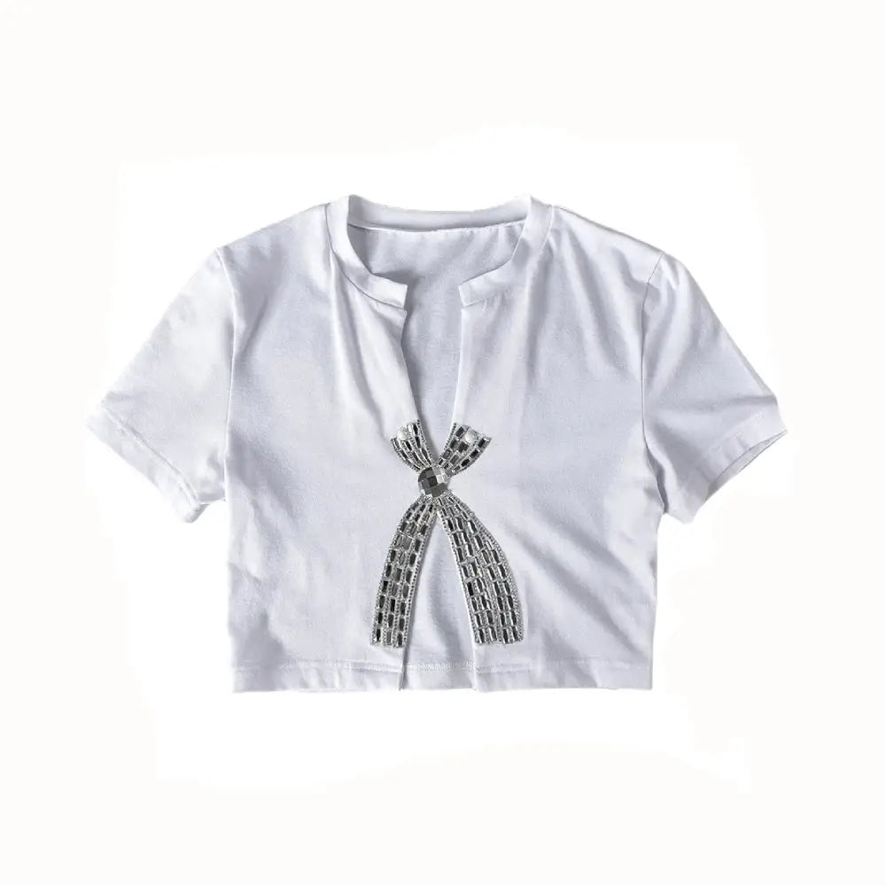 Crop Top with Bow Diamonds Trims Tees Design