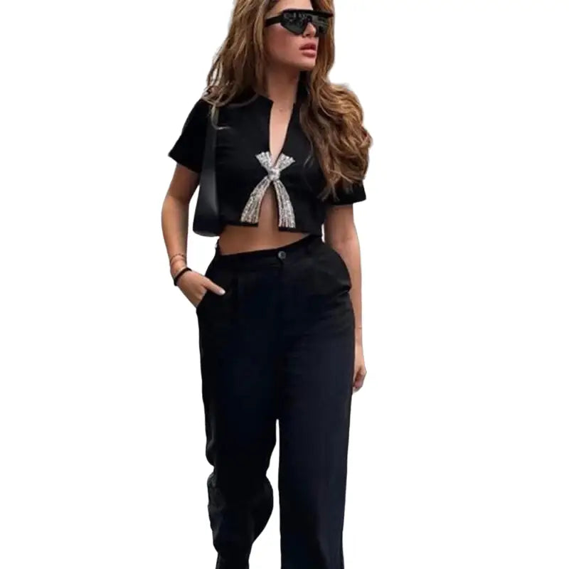Crop Top with Bow Diamonds Trims Tees Design Black / S