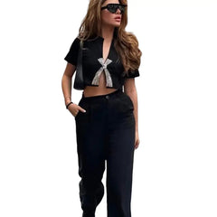 Crop Top with Bow Diamonds Trims Tees Design Black / S