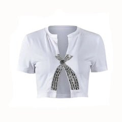 Crop Top with Bow Diamonds Trims Tees Design White / S