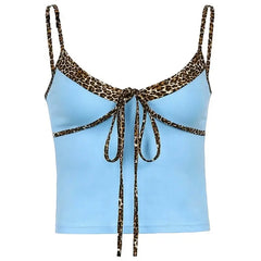 Cropped Cami Features Leopard Patchwork and Tie Front Blue