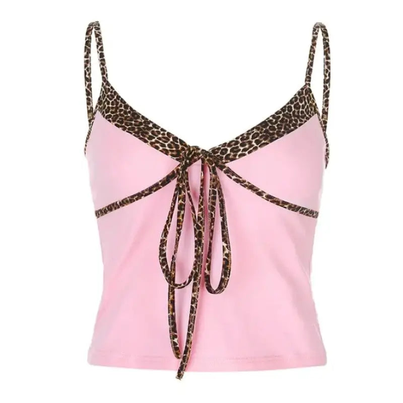 Cropped Cami Features Leopard Patchwork and Tie Front Pink