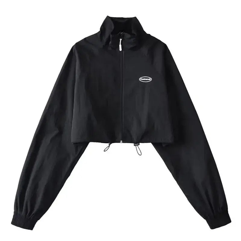 Cropped Windbreaker Long Sleeve Jacket for Women Black / S