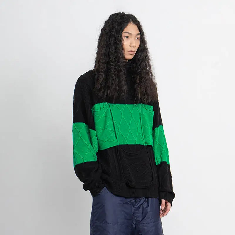 Cross-Knit Sweater Strip Round Neck Pullover Black-Green / S