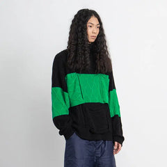 Cross-Knit Sweater Strip Round Neck Pullover Black-Green / S