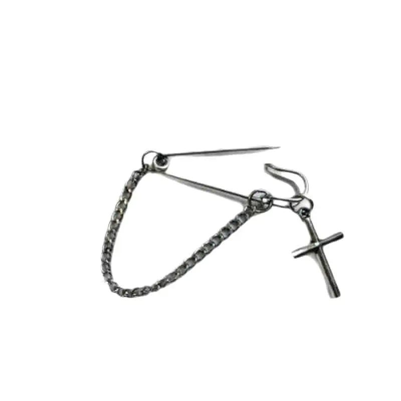 Cross Pendant Long Chain Pin Brooch Silver Plated Butterfly