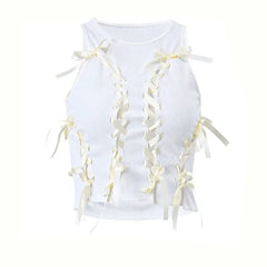 Cross Ribbon Sleeveless White Tank Crop Top