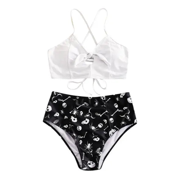 Cross Strap Top High Waist Skull Bikini - Black White / S