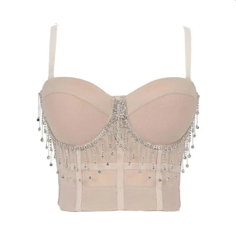 Crystal Tassel Mesh Push Up Crop Top Corset