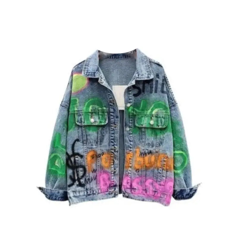 Cute Bear Colorful Graffiti Denim Jacket