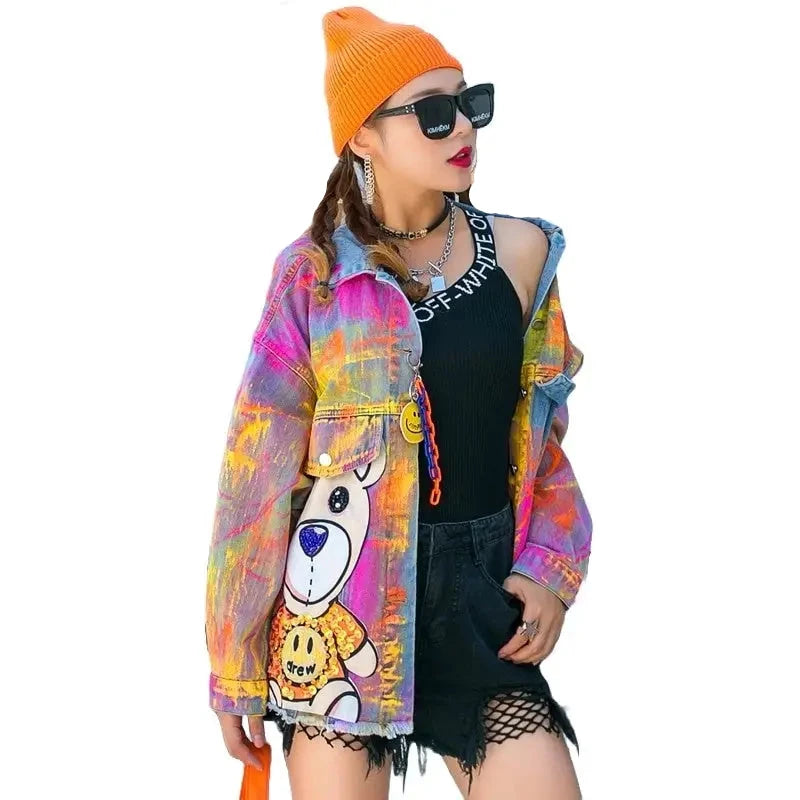 Cute Bear Colorful Graffiti Denim Jacket - Pink / One Size