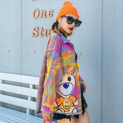 Cute Bear Colorful Graffiti Denim Jacket