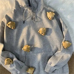 Cute Bear Doll Solid Color Oversize Hoodie - Gray / M