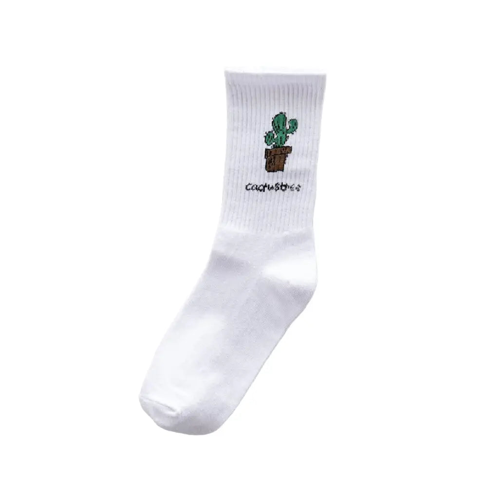 Cute Cartoon White Socks - White-Cactus / One Size