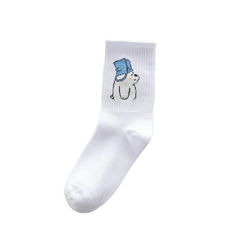 Cute Cartoon White Socks - White-Polar Bear / One Size