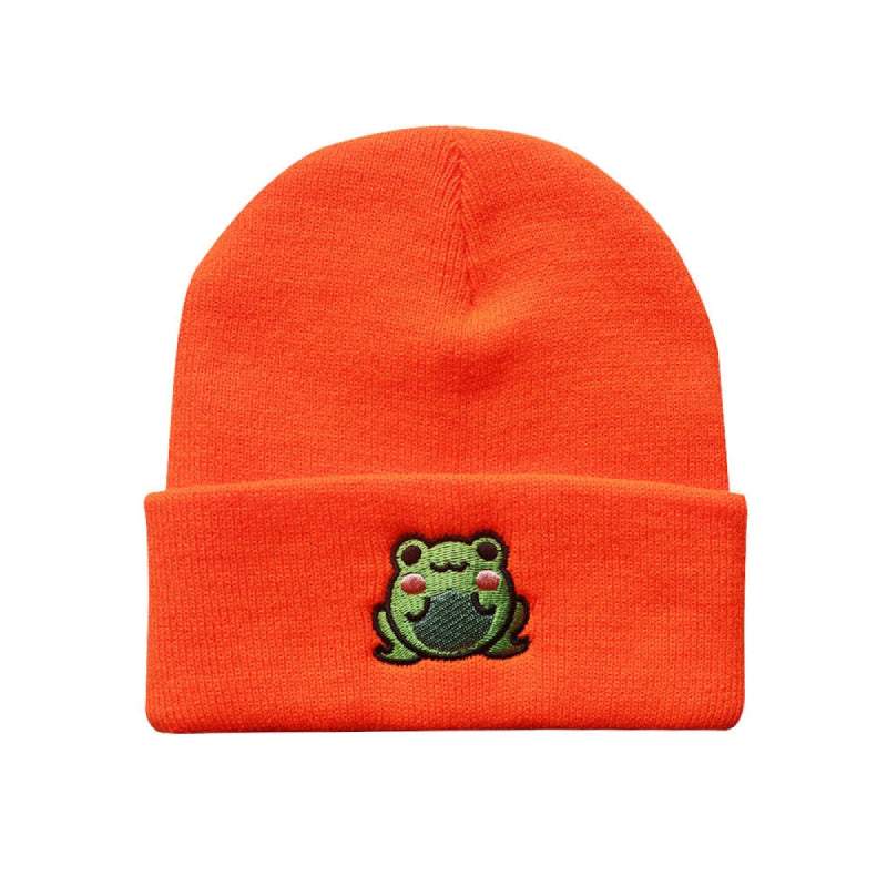 Cute Frog Embroidered Warm Beanie - Orange / 54-58CM