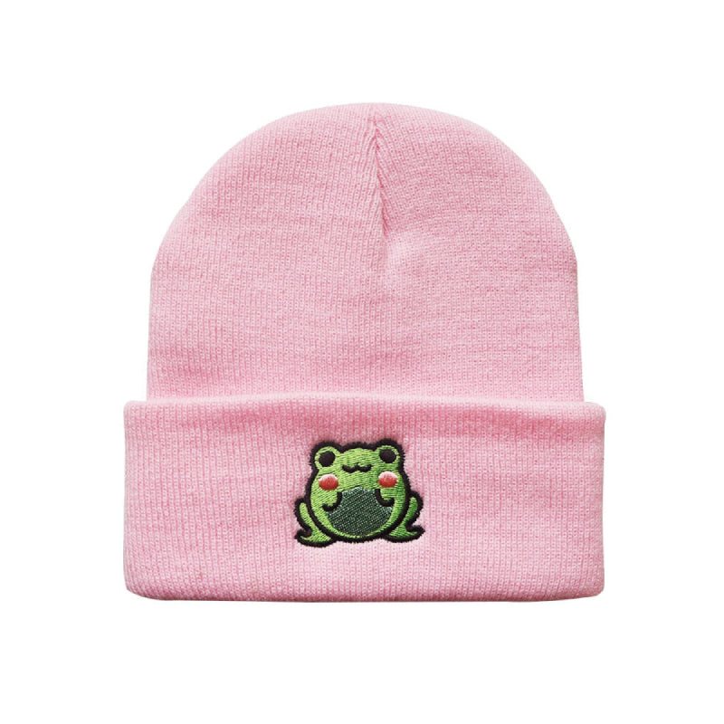 Cute Frog Embroidered Warm Beanie - Pink / 54-58CM