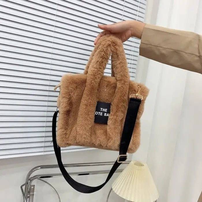 Cute Furry Faux Fur Tote and Shoulder Bag - Khaki / One Size