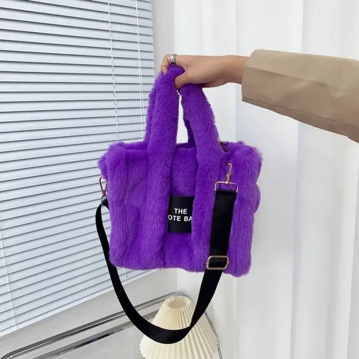 Cute Furry Faux Fur Tote and Shoulder Bag - Purple