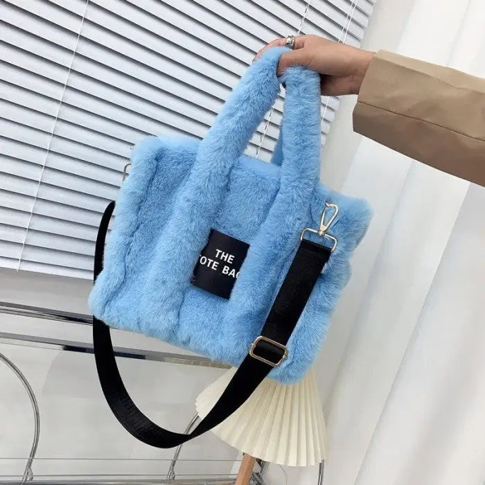 Cute Furry Faux Fur Tote and Shoulder Bag - Sky Blue
