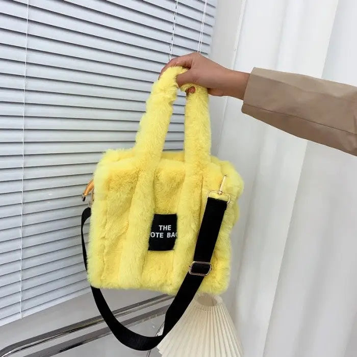 Cute Furry Faux Fur Tote and Shoulder Bag - Yellow