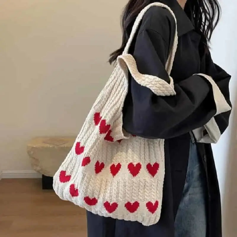 Cute Hearts Knitted Shoulder Bag - Beige