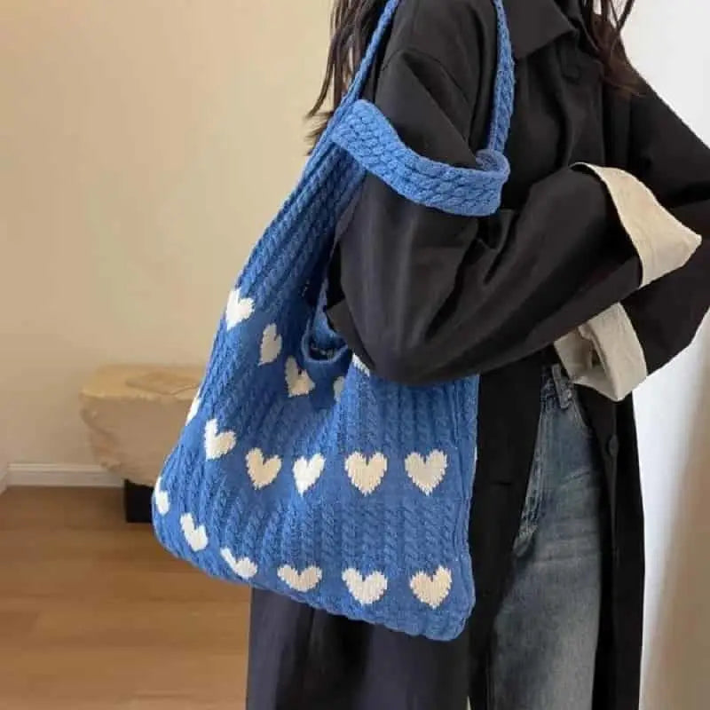 Cute Hearts Knitted Shoulder Bag - Blue