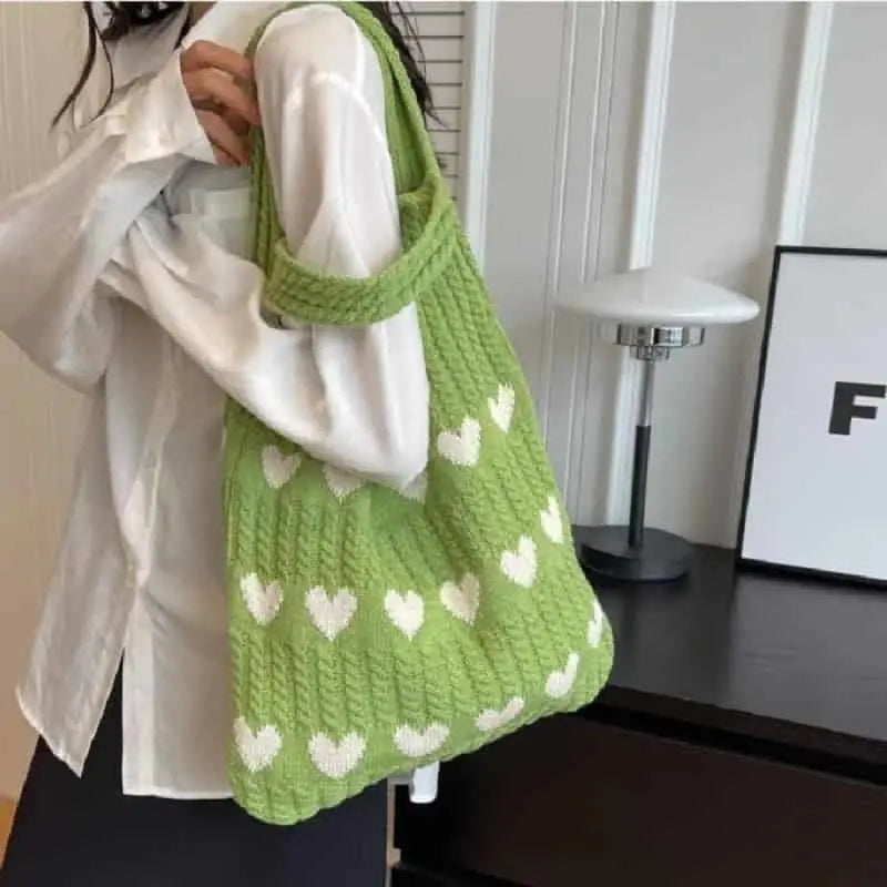 Cute Hearts Knitted Shoulder Bag - Green