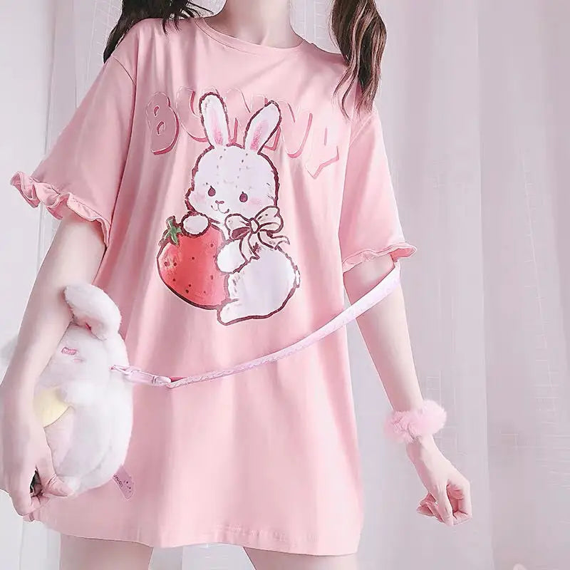 Cute Kawaii Strawberry Bunny Print Tshirt - Pink / XL