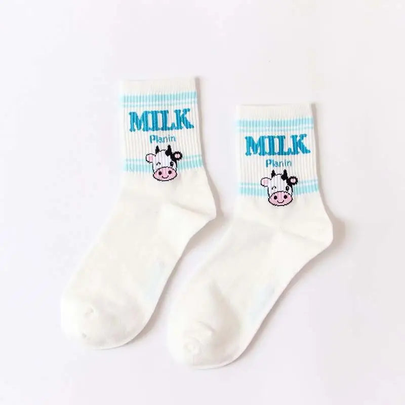 Cute Milk Socks - White-Blue / One Size