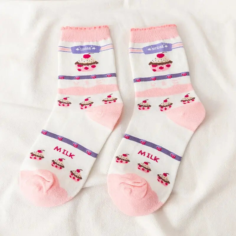 Cute Pastel Cartoon Socks - Pink-White / One Size
