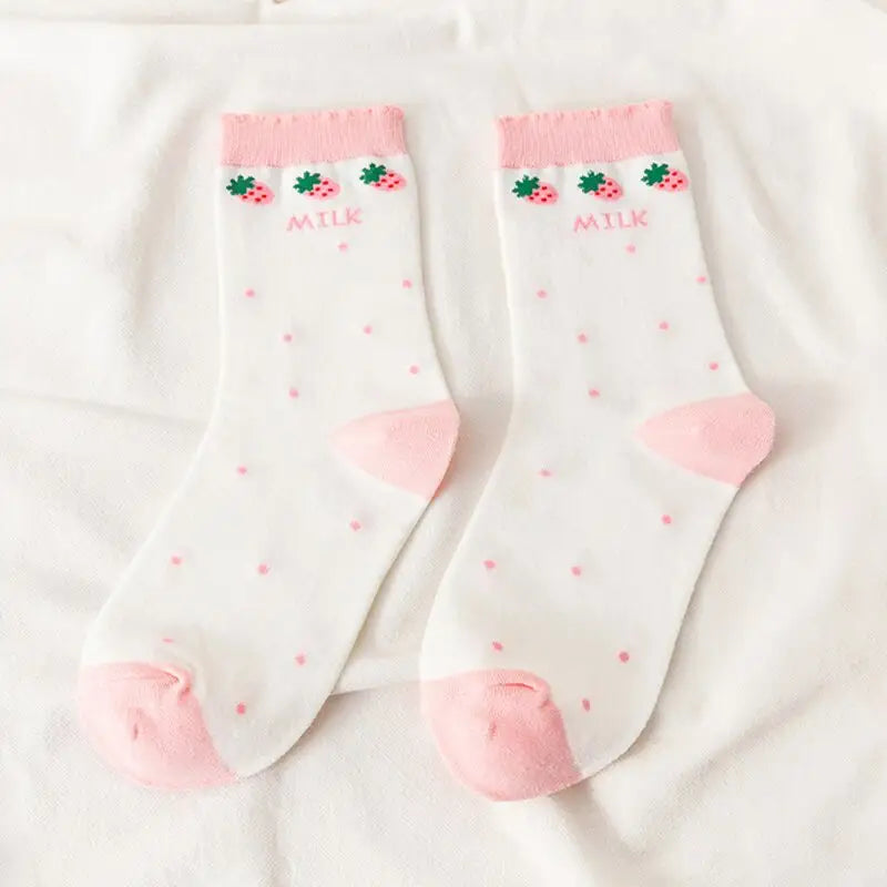 Cute Pastel Cartoon Socks - White-Pink / One Size