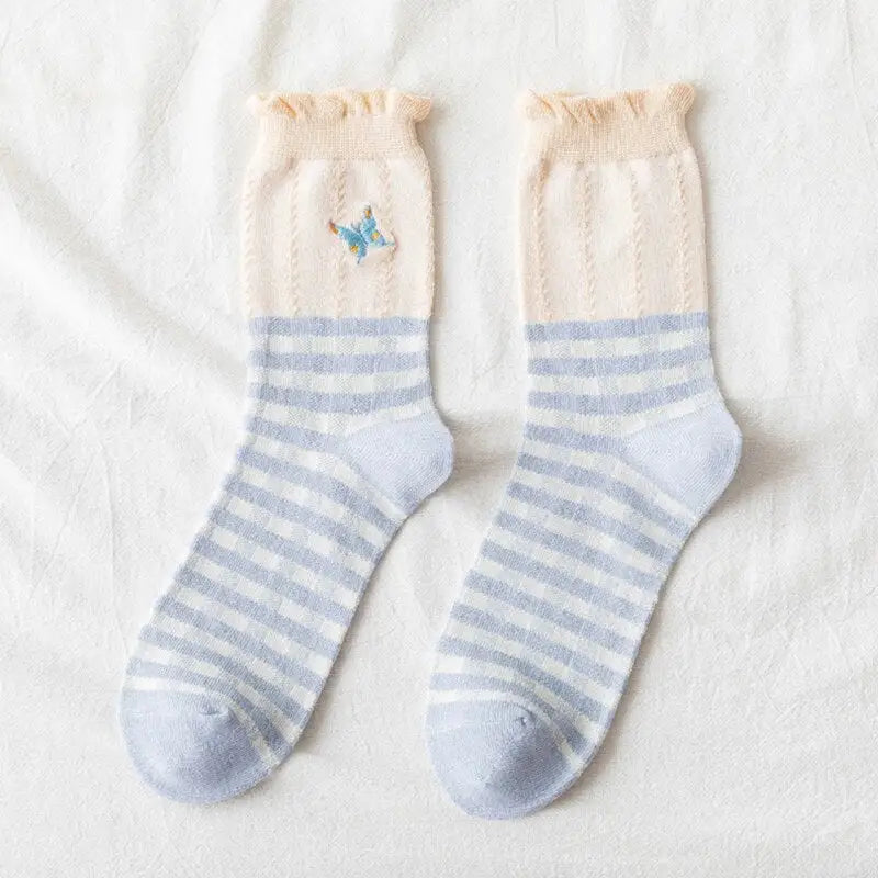 Cute Pastel Sweet Socks - Butterfly Embroidery / One Size