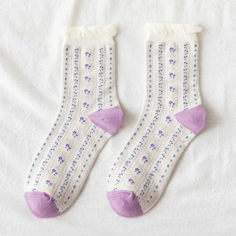 Cute Pastel Sweet Socks - White Purple Flower / One Size