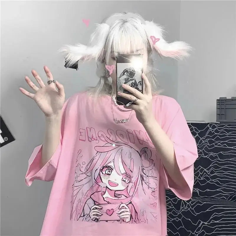 Cute Pink Anime Oversize T Shirt for Casual Wear / S