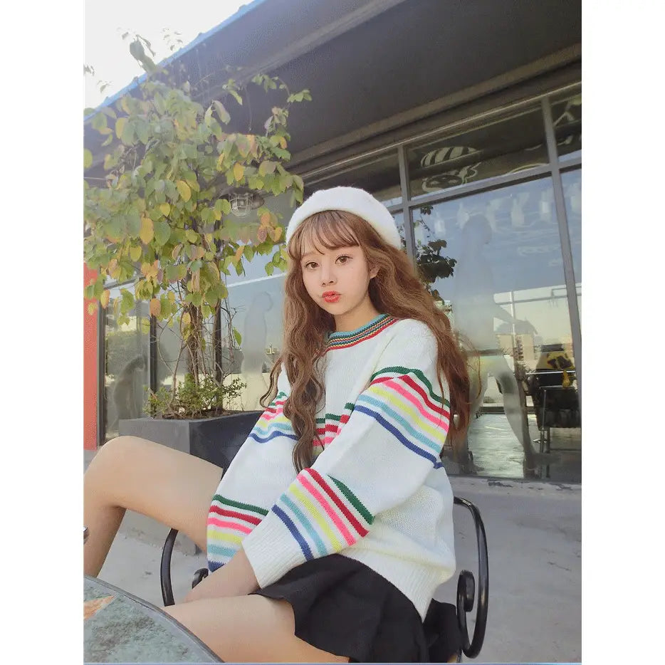 Cute Rainbow Striped Print Knit Sweater