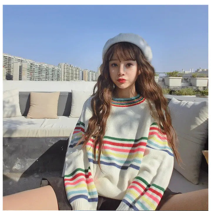 Cute Rainbow Striped Print Knit Sweater