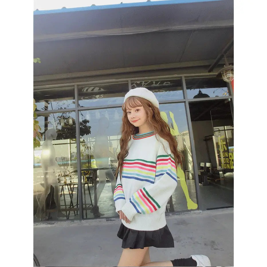 Cute Rainbow Striped Print Knit Sweater