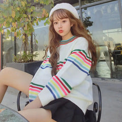 Cute Rainbow Striped Print Knit Sweater