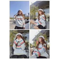 Cute Rainbow Striped Print Knit Sweater