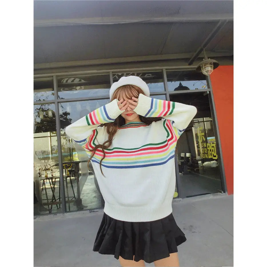 Cute Rainbow Striped Print Knit Sweater