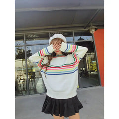 Cute Rainbow Striped Print Knit Sweater