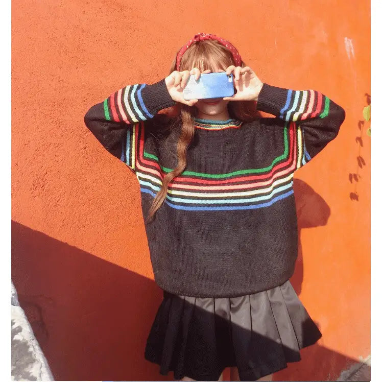 Cute Rainbow Striped Print Knit Sweater