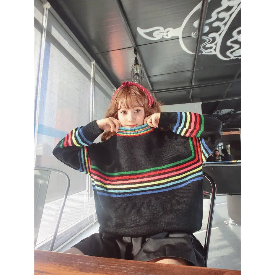 Cute Rainbow Striped Print Knit Sweater