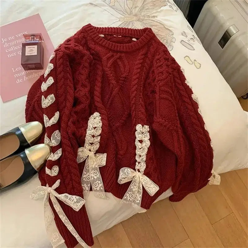 Cute Red Twists Ribbon Knit Sweater - S