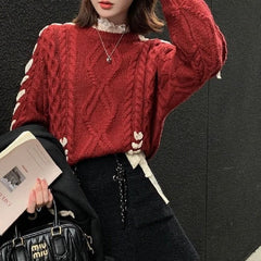 Cute Red Twists Ribbon Knit Sweater