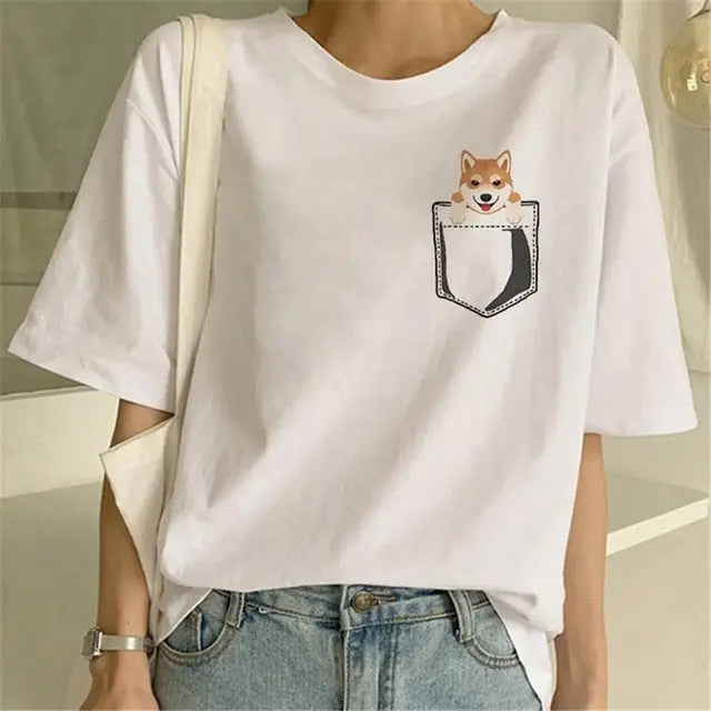 Cute Shiba Inu Print Oversized T-shirt